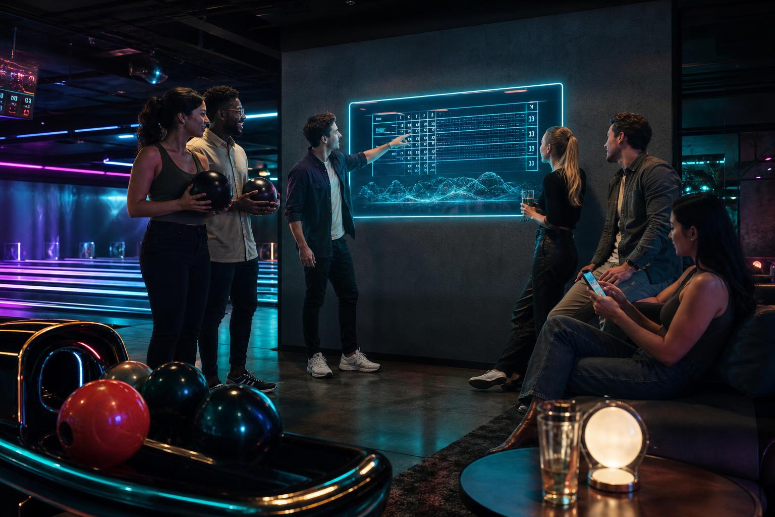 Friends gathered around a venue leaderboard between bowling games